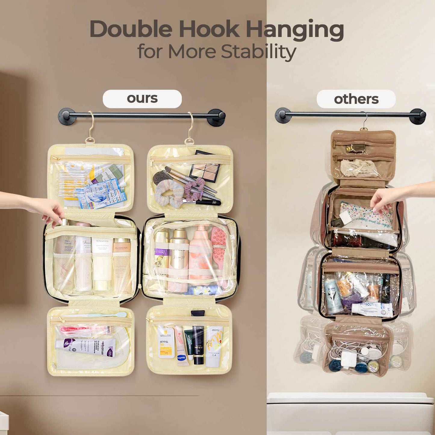 JIECH Hanging Travel Toiletry Bag for Women Detachable Toiletry Bag with 6 Compartments Large Makeup Bag Cosmetic Organizer for Bathroom Shower Business Trips Camping，Black