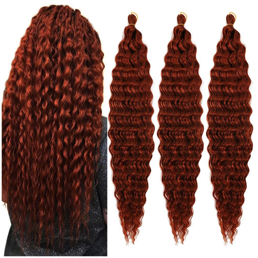 BALINGHAIR Ocean Wave Crochet Hair 30 Inch Deep Wave Braiding Hair Long Curly Crochet Braids Hair Extensions Red Brown(350#-3Pcs)