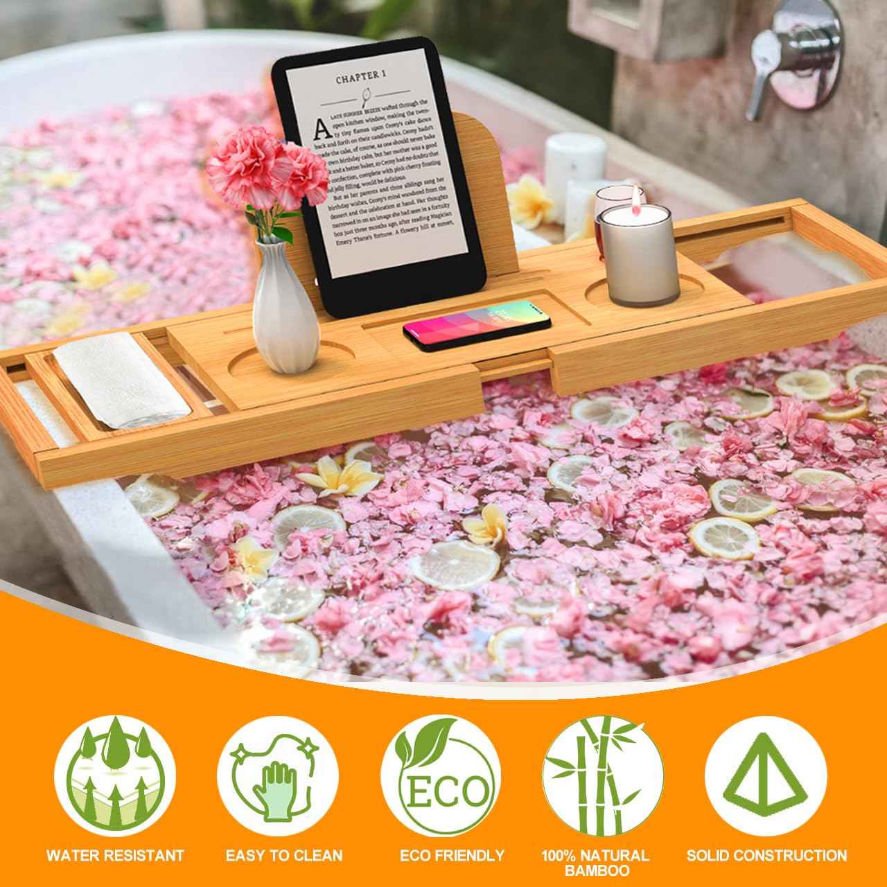 Premium Bamboo Bathtub Tray Caddy - Bath Tub Tray Table for Bathtub - Bath Caddy Tray for Bathtub, Expandable Size, Fits Most Bath Tubs