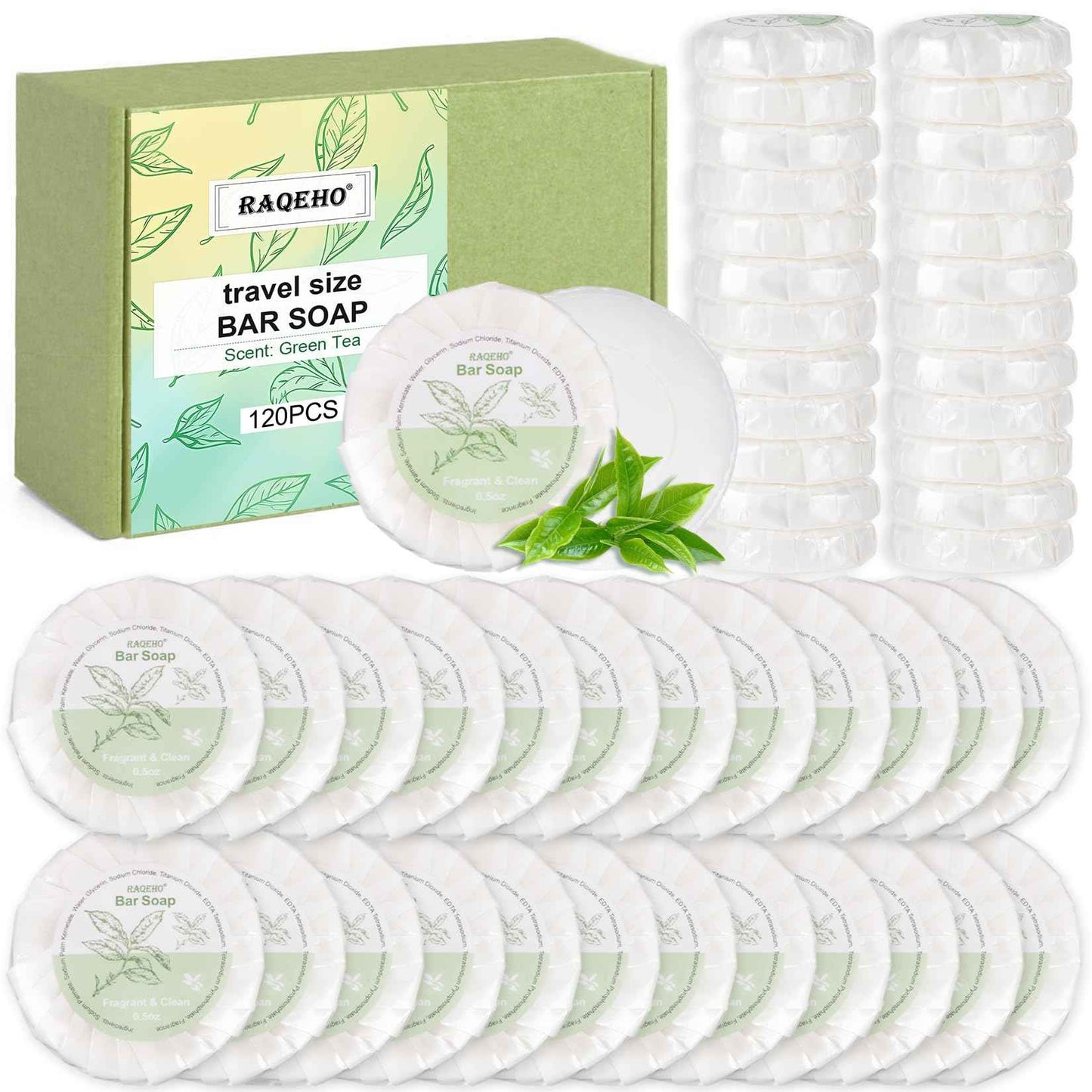 RAQEHO 120 Mini Bar Soap Bulk - Travel Soap Individually Wrapped Body Bath Gentle Soap Bars Men Women Travel Size Toiletries for Homeless Hotel Essentials for Guest Bathroom Airbnb（Green Tea）