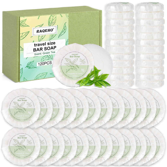 RAQEHO 120 Mini Bar Soap Bulk - Travel Soap Individually Wrapped Body Bath Gentle Soap Bars Men Women Travel Size Toiletries for Homeless Hotel Essentials for Guest Bathroom Airbnb（Green Tea）