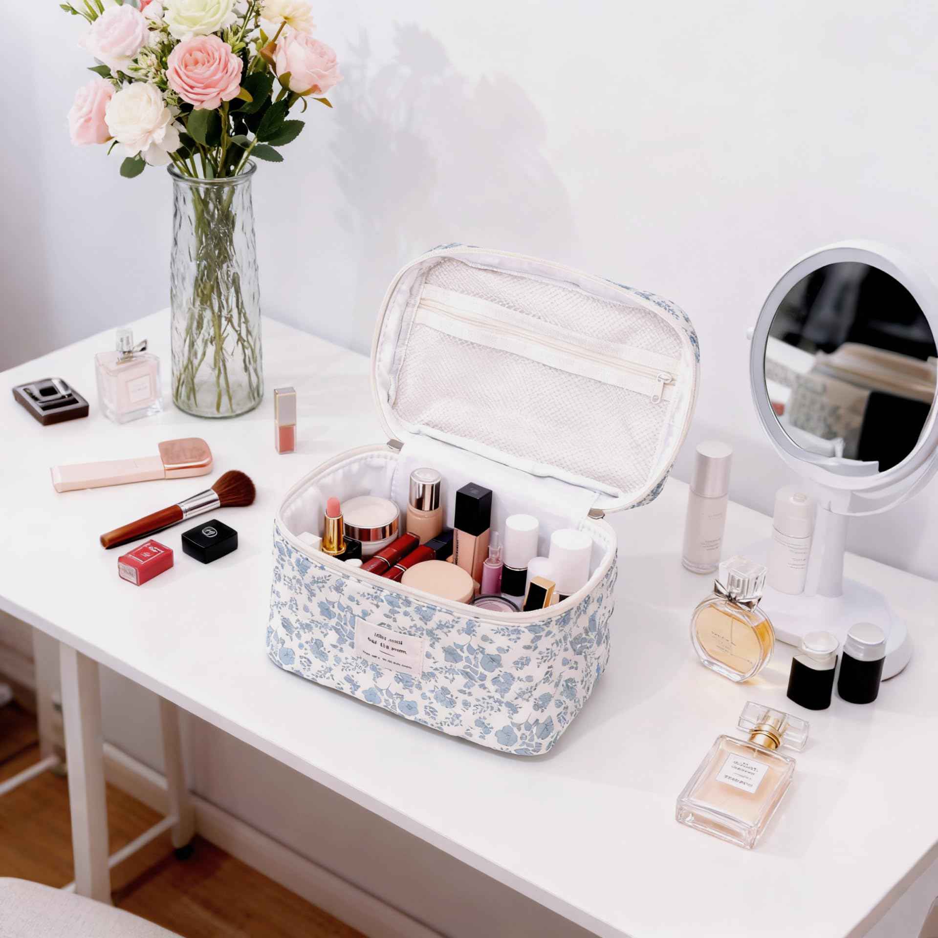 PGAXM 3PCS Makeup Bag,Quilted Cosmetic Bag,Large Floral Makeup Bag for Women,Cute Cotton Cosmetic Bag Set,Travel Toiletry Bag For Women