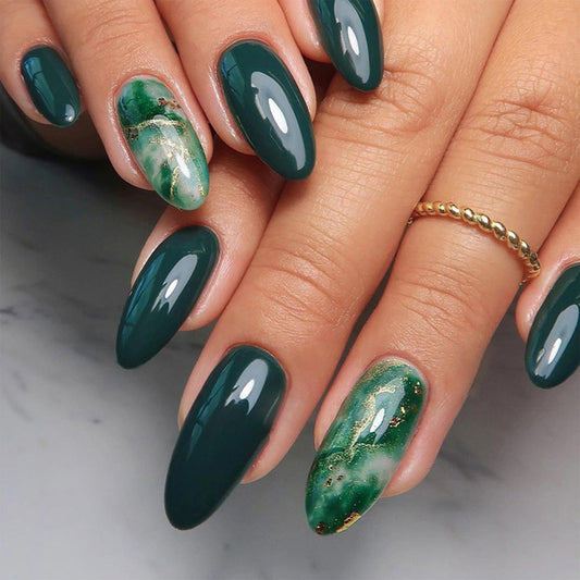 SINHOT Spring Press on Nails Medium Almond Fake Nails Emerald Green Nails Glossy Glue on Nails Stiletto Acrylic Nails St Patricks Day Glitter Arificial Nails Stick on False Nails with Design 24 pcs