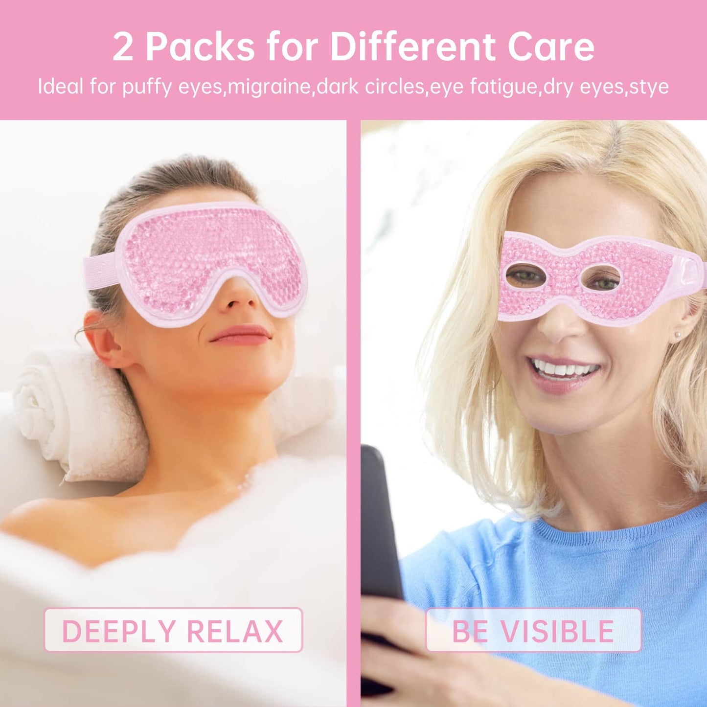 Ice Eye Mask Reusable 2 Pcs Ice Pack for Eyes,Hot Cold Compress Gel Bead Cooling Eye Mask for Puffiness/Dark Circles/Eye Bags/Dry Eyes/Headaches/Migraines/Stress Relief (Pink)