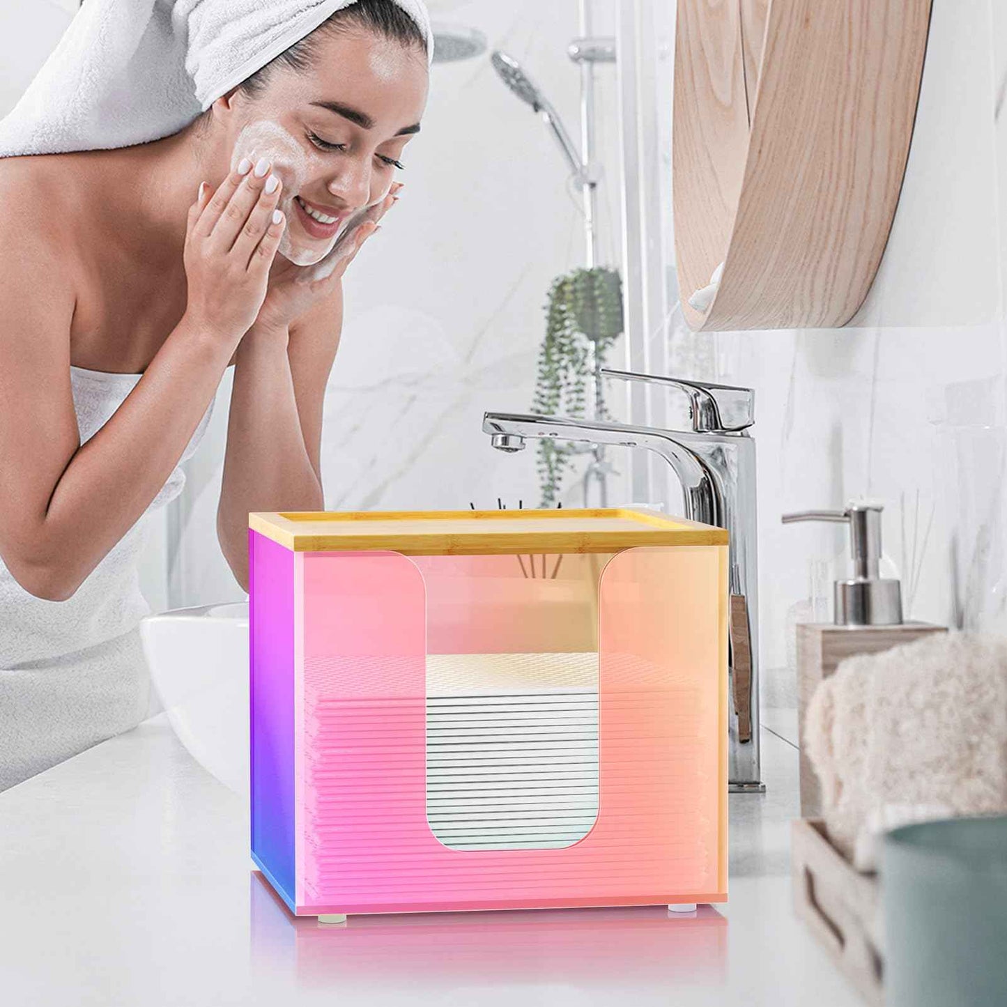VITVITI Disposable Face Towel Holder Box, Acrylic Facial Towel Container for XL Clean Skin Club, Large Disposable Face Towels Storage with Bamboo Lid, for Bathroom, Vanity Makeup, Rainbow