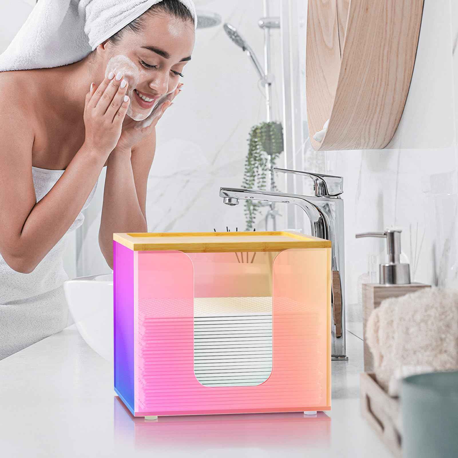 VITVITI Disposable Face Towel Holder Box, Acrylic Facial Towel Container for XL Clean Skin Club, Large Disposable Face Towels Storage with Bamboo Lid, for Bathroom, Vanity Makeup, Rainbow