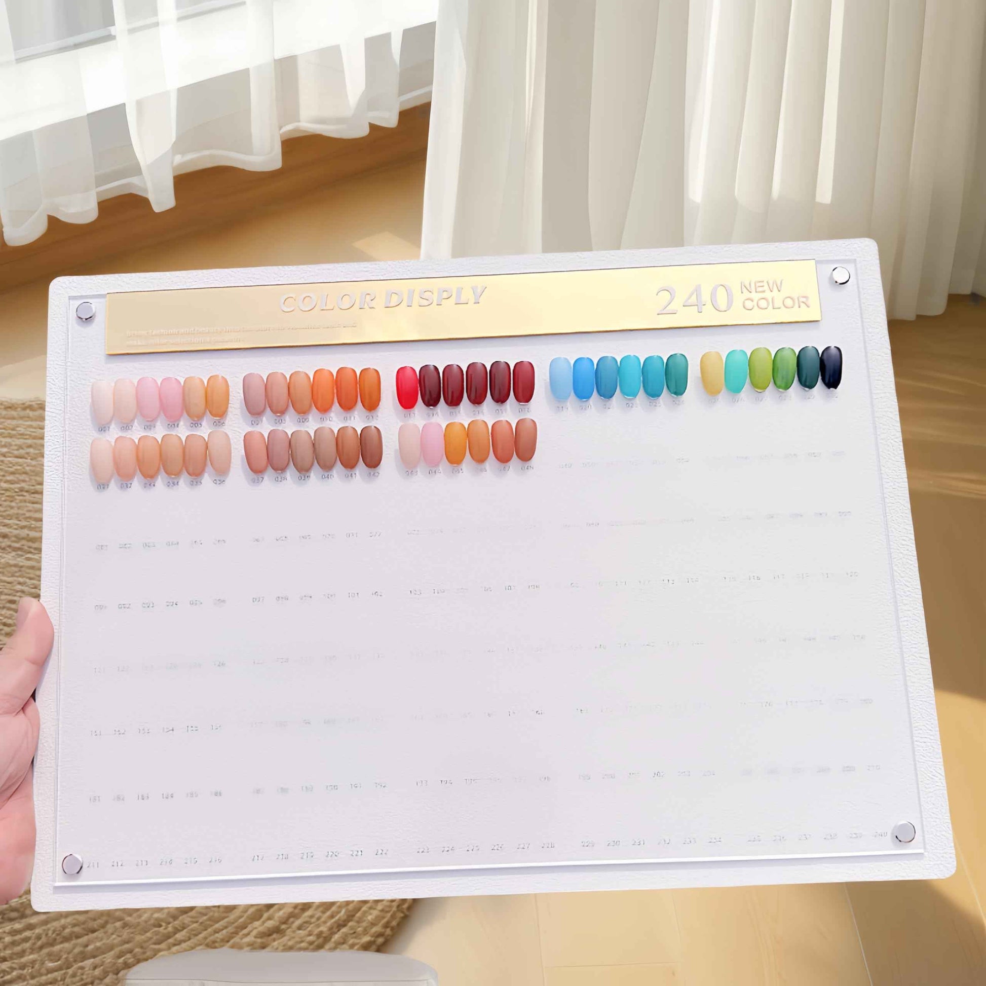 Acycoin2A 240 Nail Color Display Board Nail Art Sample Chart Acrylic Gel Polish Rack Colors Showing Shelf with False Nail Tips and Number Sticker