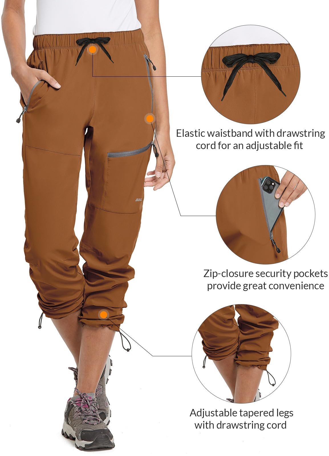 BALEAF Women's Hiking Pants Quick Dry Water Resistant Lightweight Joggers Pant for All Seasons Elastic Waist Caramel Size XS