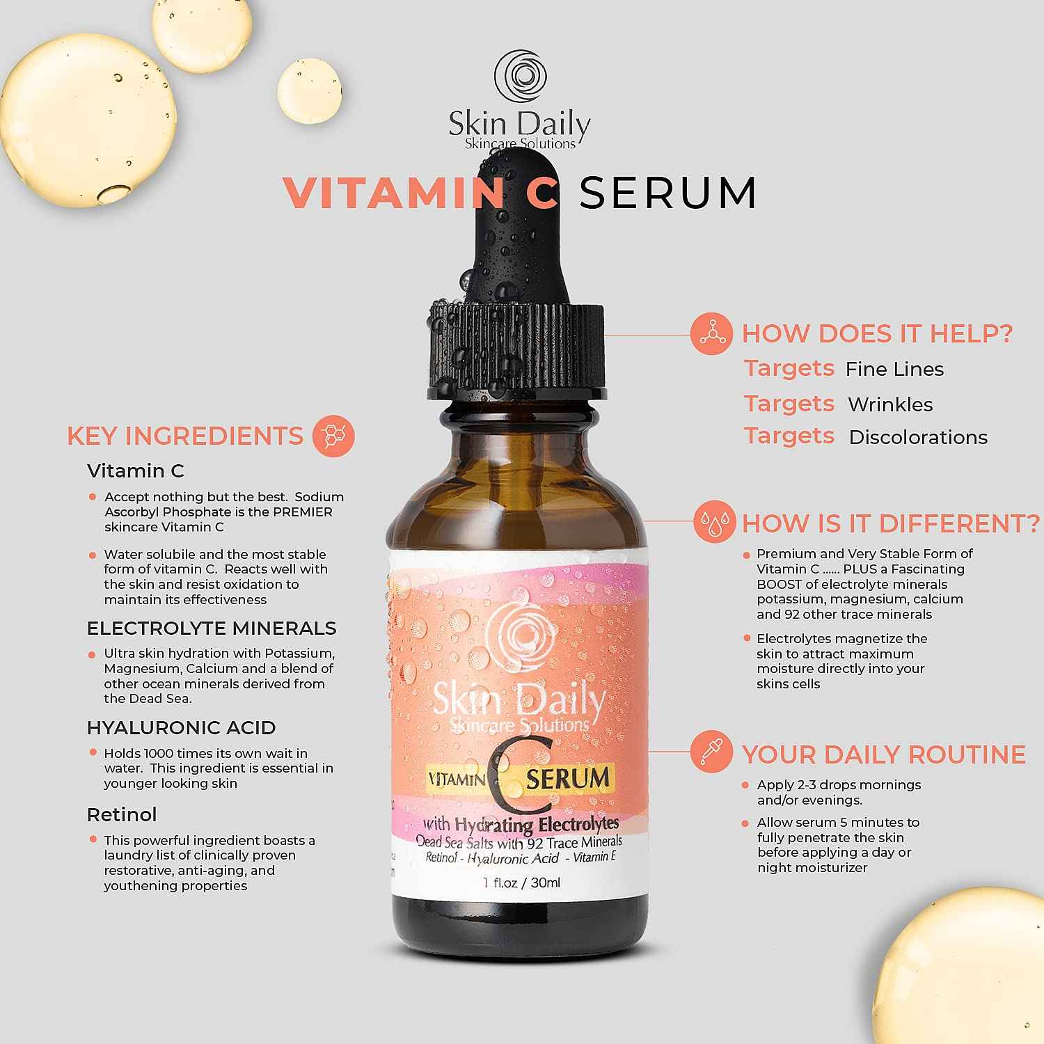 Antioxidant Vitamin C Serum for Face- Infused with Electrolytes, Hyaluronic Acid, Retinol - 1 oz