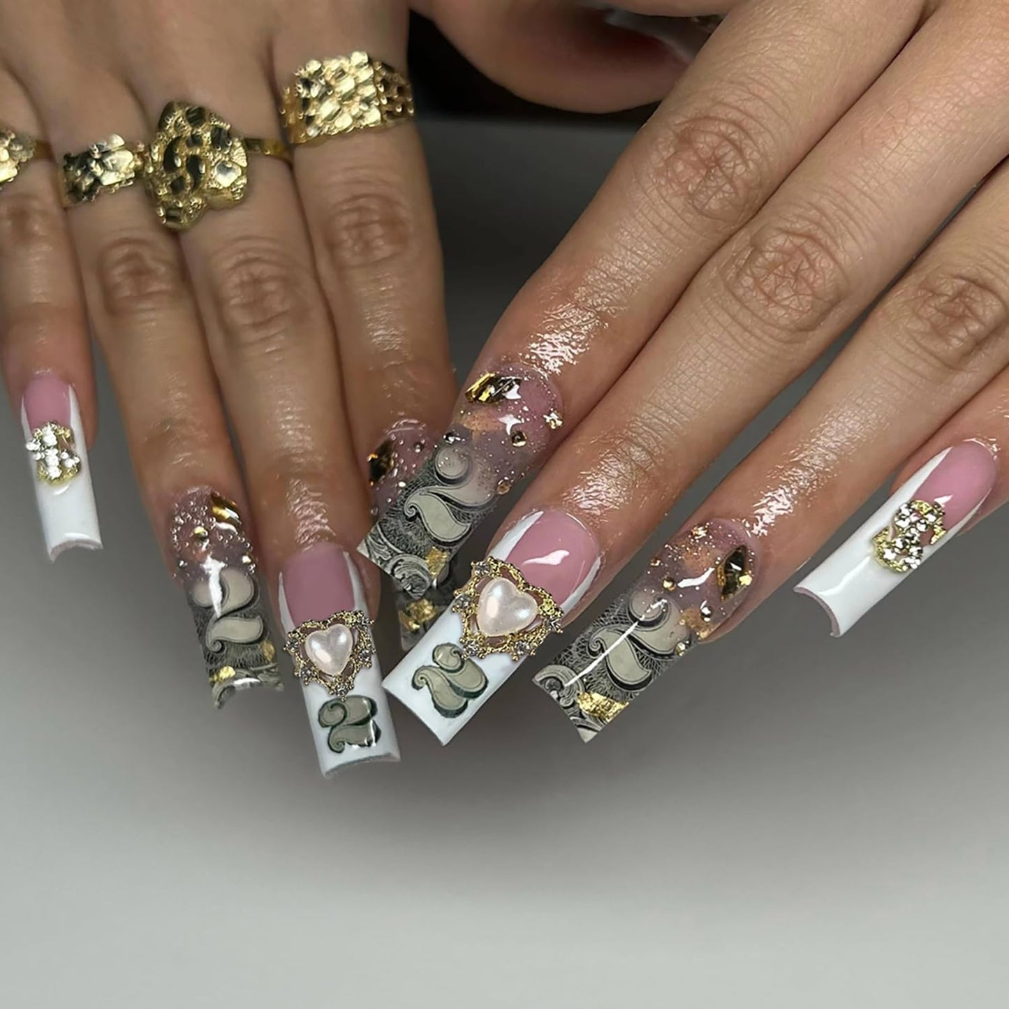 French Tip Press on Nails with Charms, Long Square Fake Nails Cute Glue on Nails Full Cover Glitter Acrylic Nails Pearl Rhinestone False Nails Reusable Artificial Nails for Women Nail Decorations