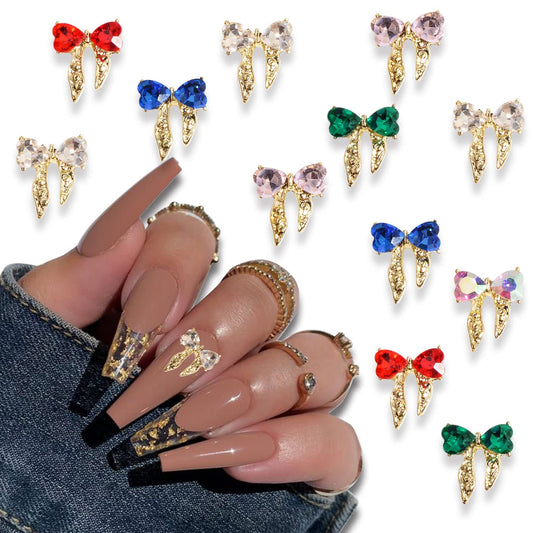 BAIYIYI 3D Gold Nail Art Charms Rhinestones Colorful Bow Nail Charms with Shiny Crystals Diamonds Bowknots Charms Design Nail Accessories for Nail Decorations DIY Supplies