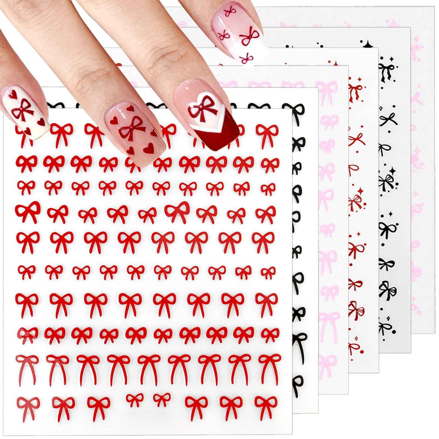 Allstarry Bow Nail Stickers, 6 Sheets Bow Stickers for Nails, Self-Adhesive Glossy Pink Red Black Cute Nail Decals for Women Girl Gift Christmas Valentine’s Day Accessories Decoration
