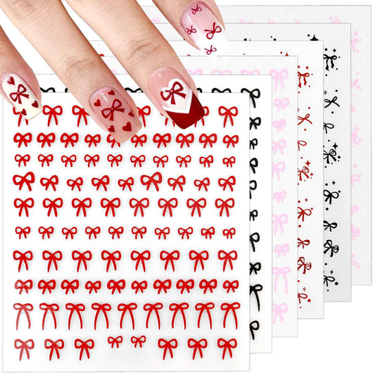Allstarry Bow Nail Stickers, 6 Sheets Bow Stickers for Nails, Self-Adhesive Glossy Pink Red Black Cute Nail Decals for Women Girl Gift Christmas Valentine’s Day Accessories Decoration