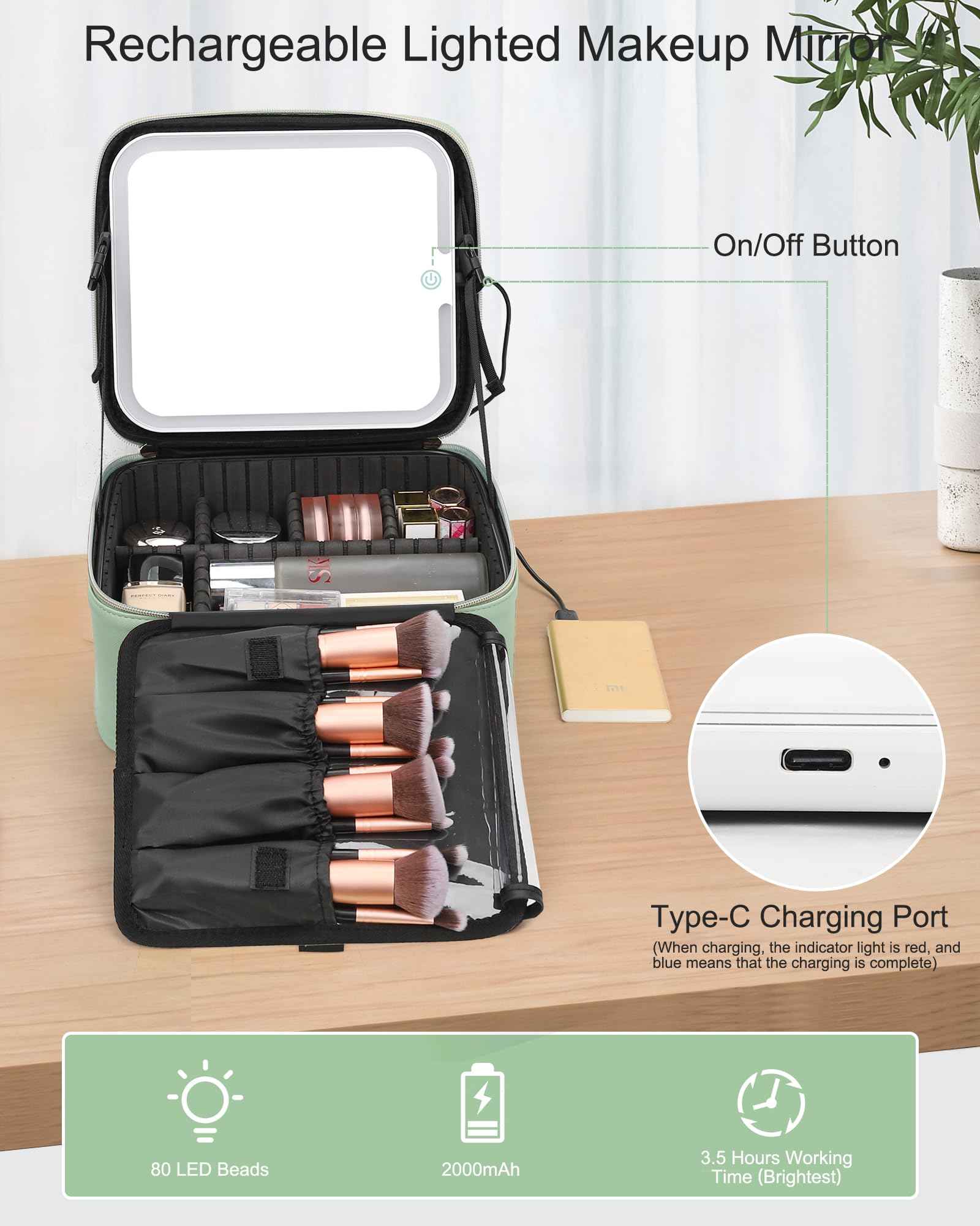 Relavel Makeup Bag With Light Up Mirror, Travel Cosmetic Case With Brush Organizer Storage Box, Rechargeable Vanity With 3 Color Lights, High Frame Protection (Green)