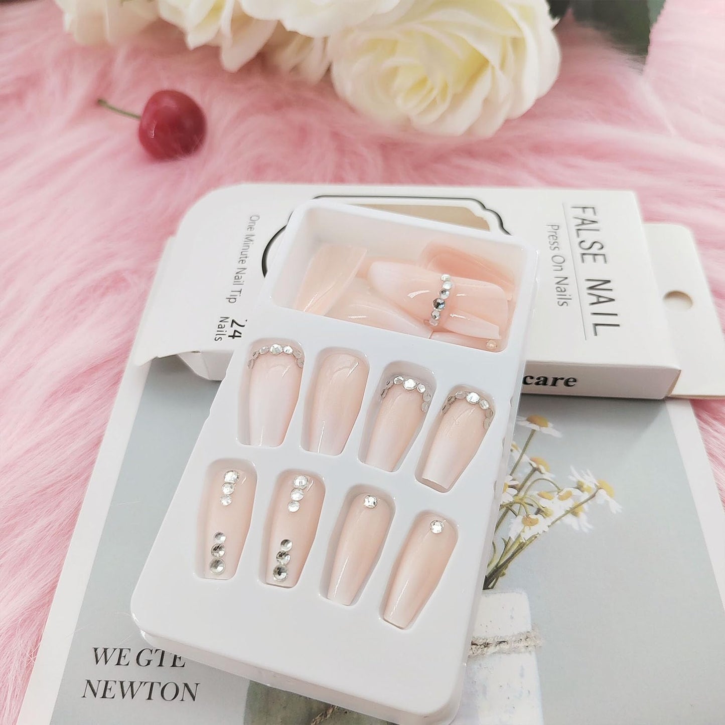 Pink Long Press on Nails Coffin White Gradient Acrylic Nails Press ons with Rhinestones Design Full Cover False Nails with Glue for Women and Girls 24Pcs