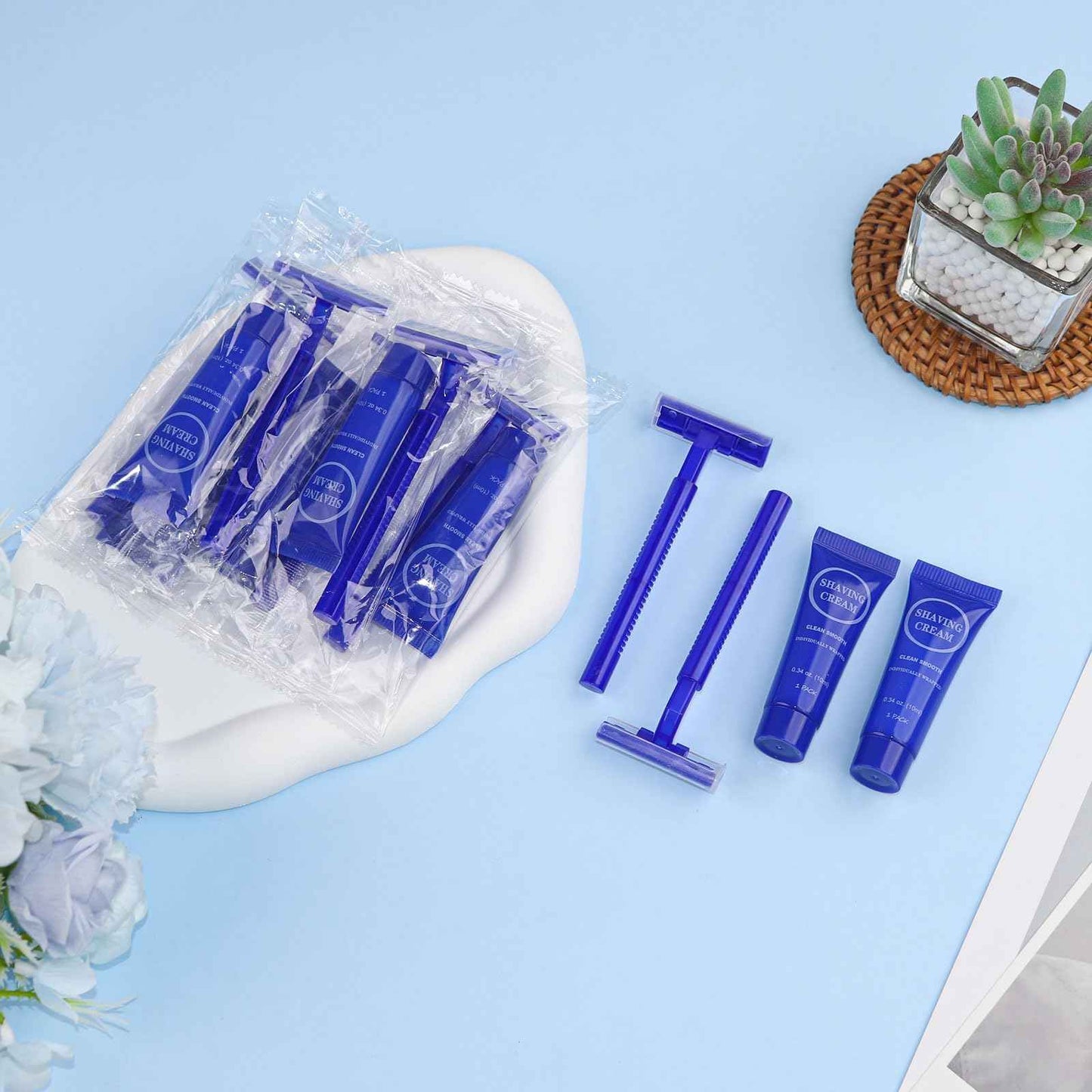 Disposable Razor Shaving Cream Set, Individually Wrapped Manual Twin Blade Shaving Razors in Bulk with Mini Smooth Shaving Cream Toiletries for Hotel Charity Camping Travel Homeless 0.34oz (60 Pack)