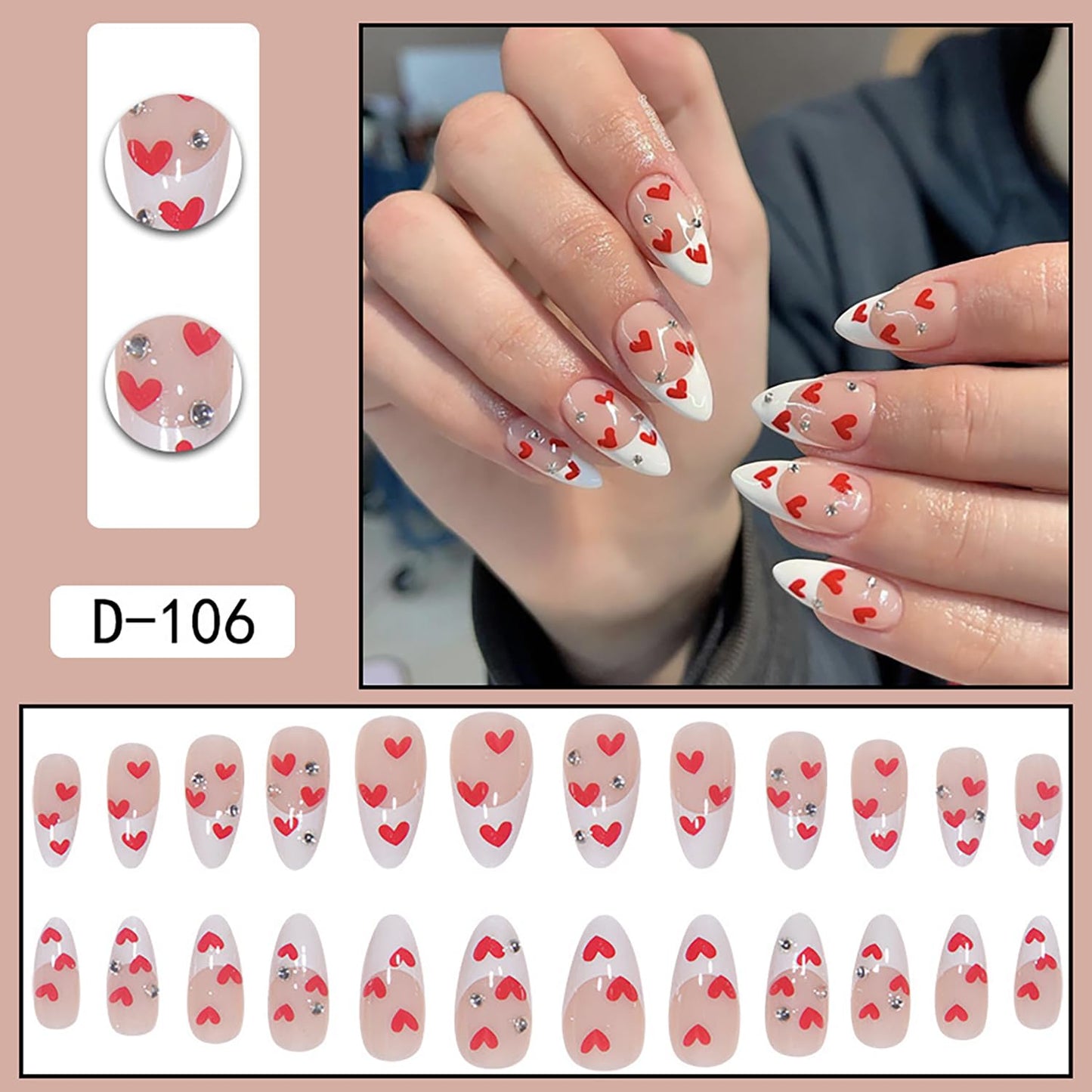 White French Tip Press on Nails Medium Almond Red Love Heart Rhinestones False Nails with Design Valentine's Day Artificial Acrylic Nails Full Cover Reusable Coffin Fake Nails Glue on Nails for Women