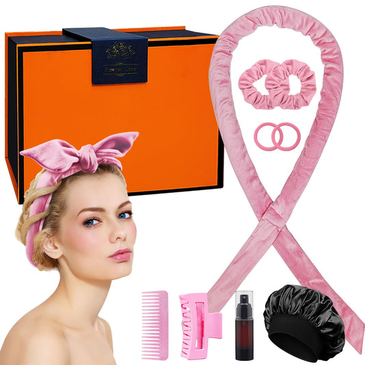 Extra-Long Overnight Heatless Curling Headband for Long Hair, No Heat Curlers to Sleep In (Pink-Giftbox)