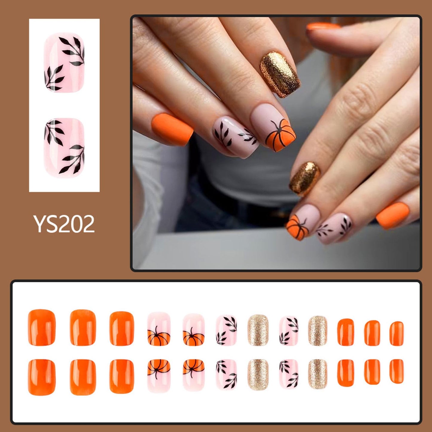 Halloween Press on Nails Short Square Fake Nails with Pumpkin Golden Glitter Designs Pink orange Glue on Nails Halloween Nails Press ons Acrylic False Nails for Women Girls 24 Pcs