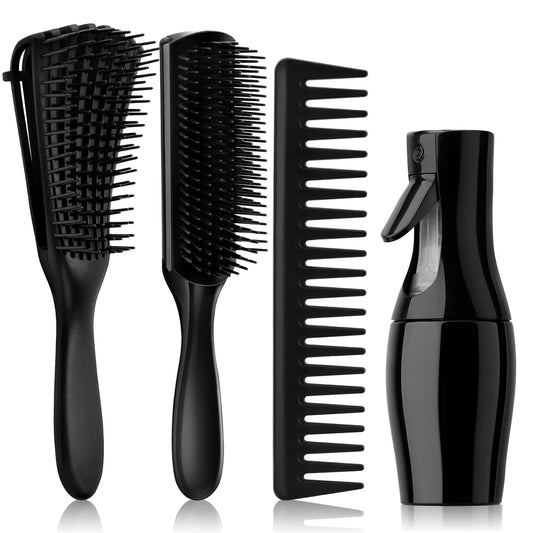 Hommtina 4pcs Detangling Brush Set Getting Shine and Makes Hair Smooth, Curly Hair Brush for Adult & Kids Wet or Dry Hair (3 PCS, Black+Black)