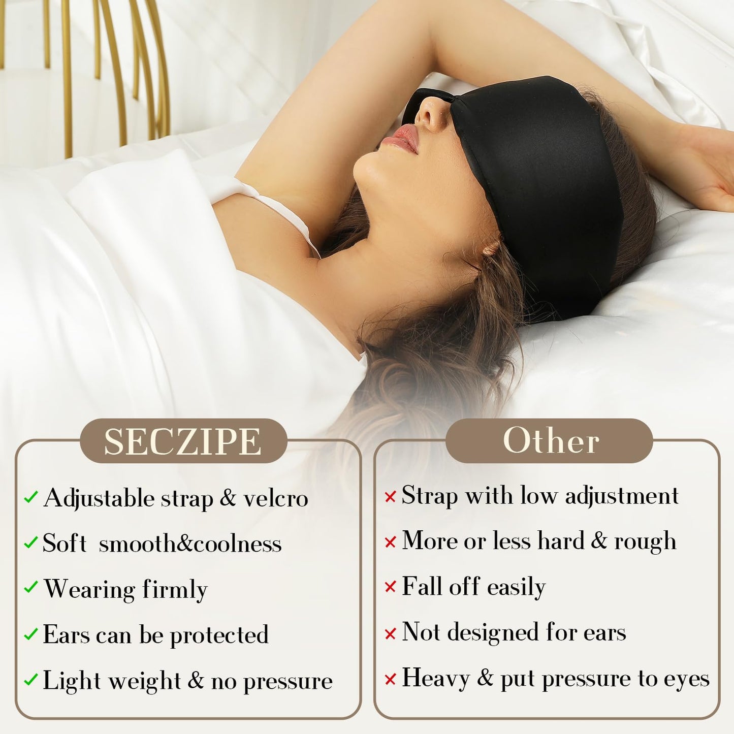 SECZIPE 100% Mulberry Silk Sleep Mask Eye Mask for Women Man with Adjustable Band, for Side Sleeper Blackout Sleep Mask for Travel Rest and Office Large Size (Black)