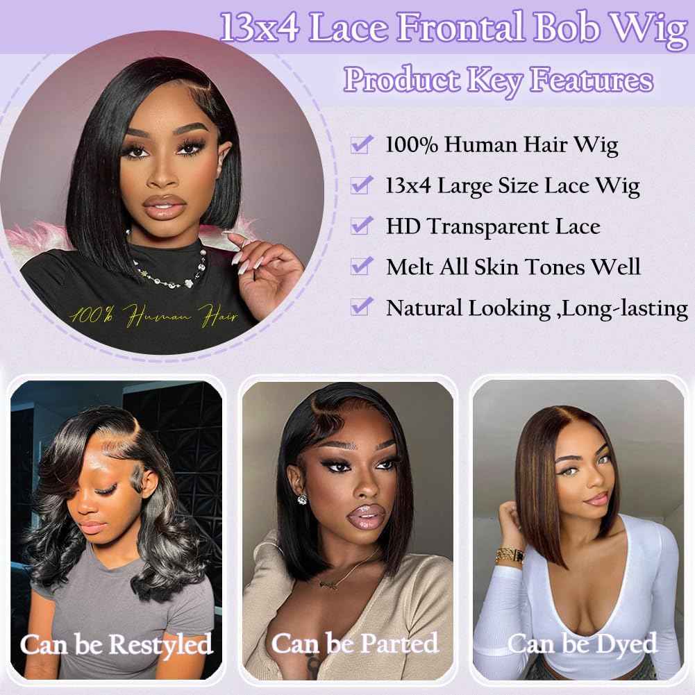 TONGMAY Short Straight Bob Wig Human Hair 13x4 Lace Frontal Bob Wig HD Transparent Bob Lace Front Wigs for Women 180 Density Glueless Wigs Human Hair Brazilian Virgin Bob Wig Natural Black 12 Inch