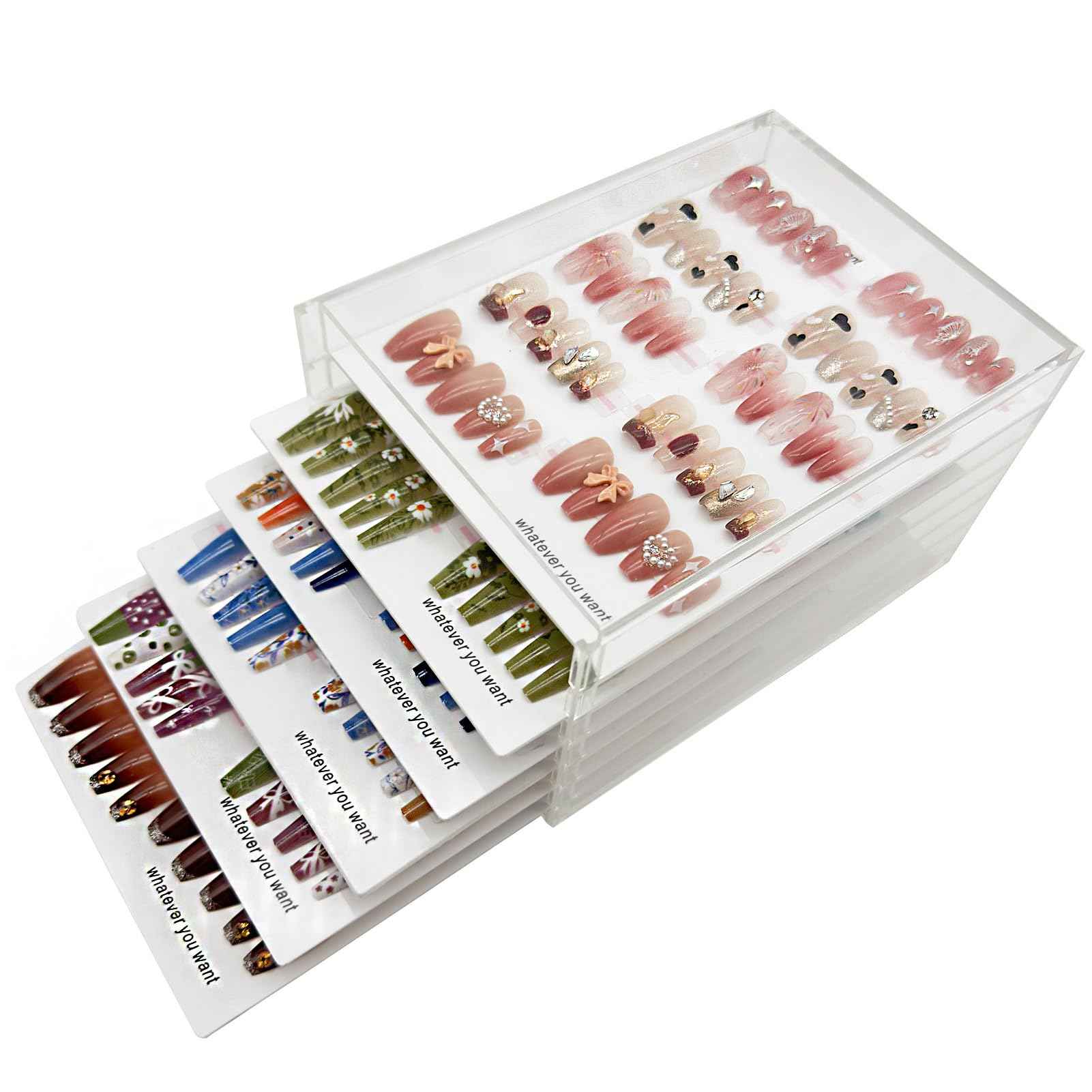 Press On Nail Organizer 6 Layer Acrylic Press On Nail Storage Box Large Nails Art Display Board for Fake Nails Storage Case Nail Display Salon Supplies with Tape