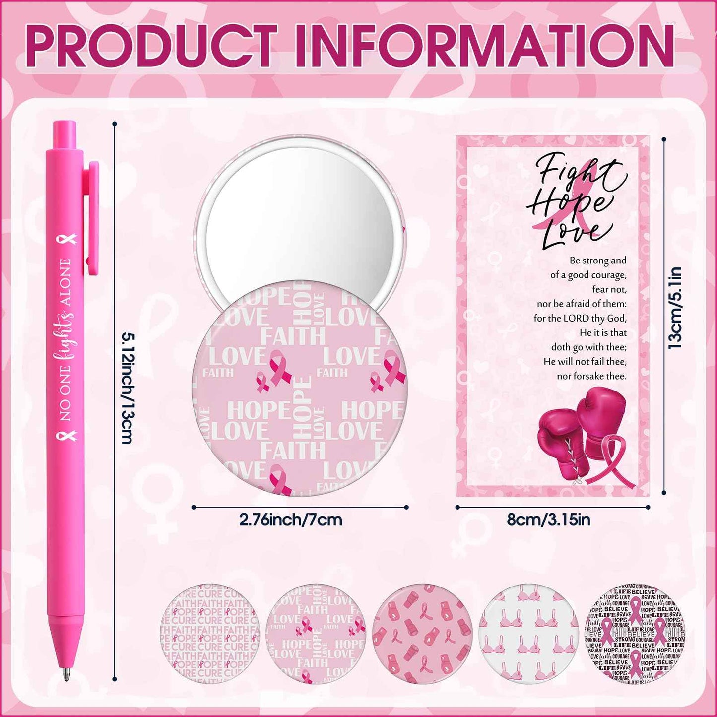 Pinkunn 75 Sets Breast Cancer Awareness Accessories Bulk Breast Cancer Gift for Women Compact Mirrors with Pink Ribbon Boxing Glove Design, Ballpoint Pens, Motivational Cards Charity Party Favors