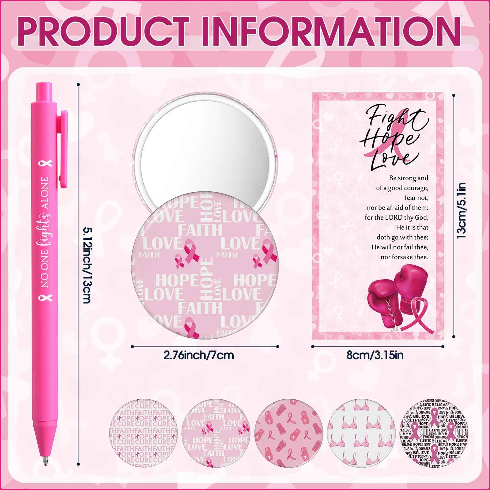 Pinkunn 75 Sets Breast Cancer Awareness Accessories Bulk Breast Cancer Gift for Women Compact Mirrors with Pink Ribbon Boxing Glove Design, Ballpoint Pens, Motivational Cards Charity Party Favors