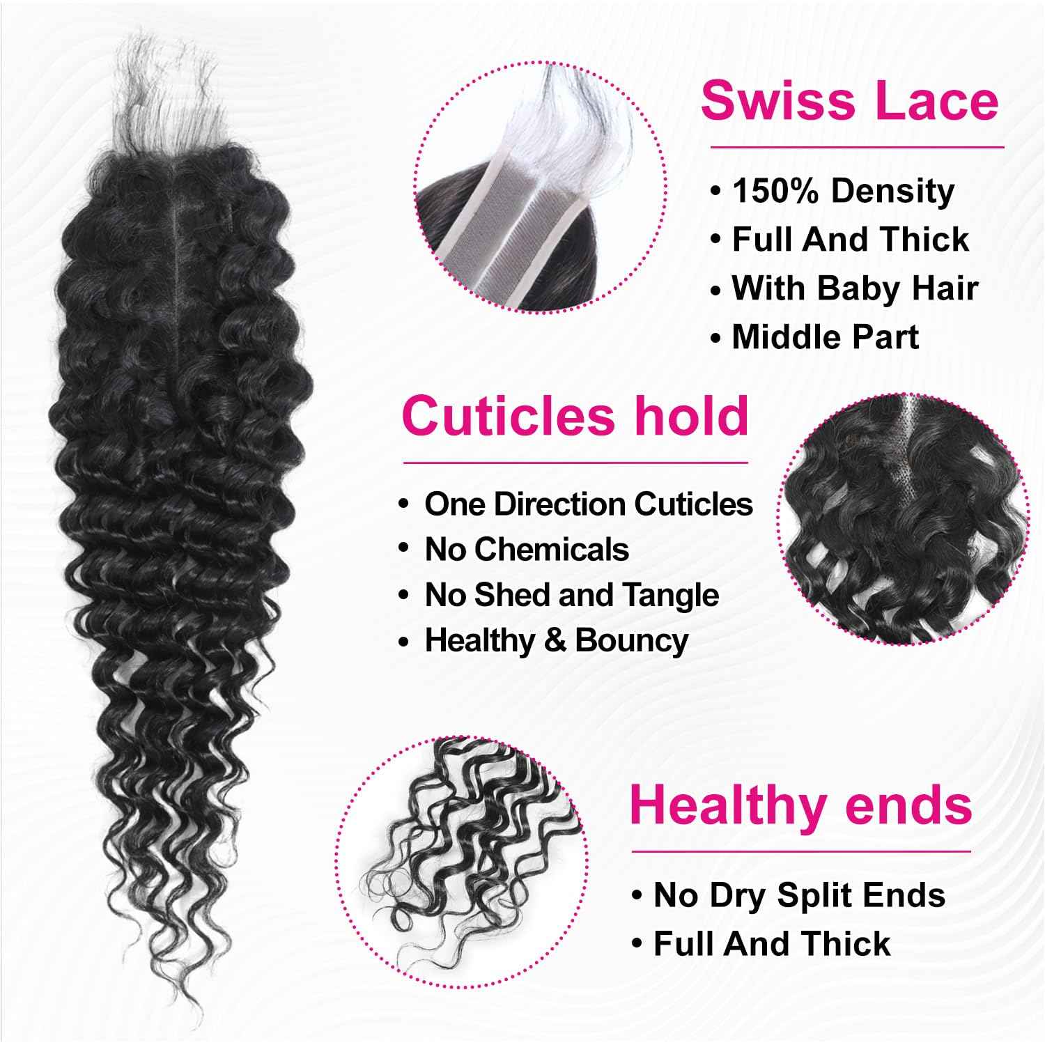 MOMOSHERO 2x6 HD Lace Closure Only Deep Wave Human Hair,HD Transparent Swiss Lace Kim K Closure Deep Middle Part Curly Hair Lace Closure Full 150% Density 100% Human Hair Natural Black Color 14 Inch