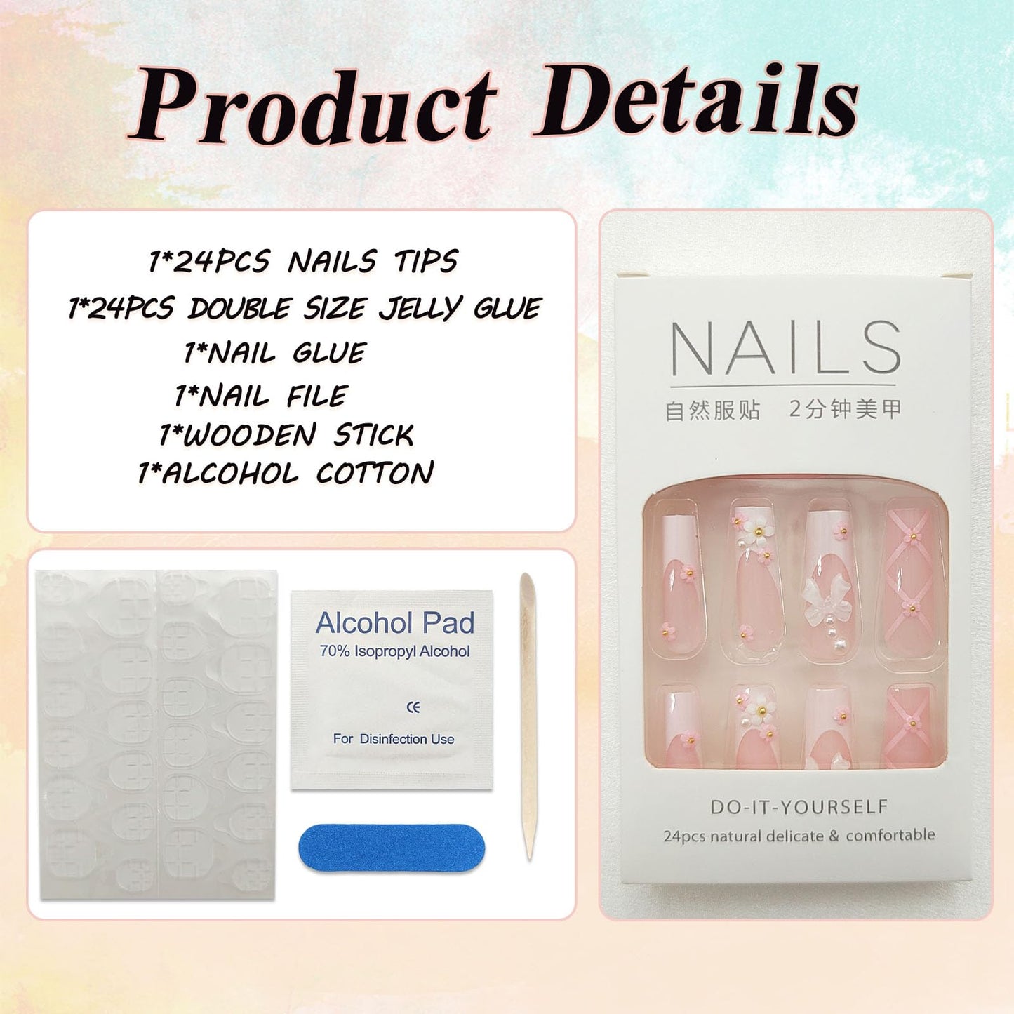 White French Tip Press on Nails Long Square Acrylic Nails, Flowers & White Bows Fake Nails Light Pink Translucent Glue on Nails Luxury Pearls & Glossy Stick on Nails for Women 24Pcs