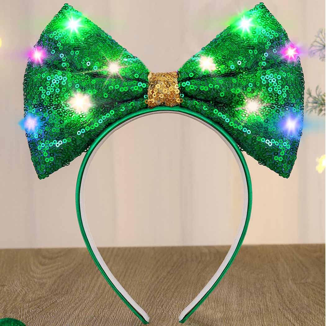 Firuilo Light Up Christmas Green Bow Headbands LED Sequins Bowknot Hair Accessories for Women