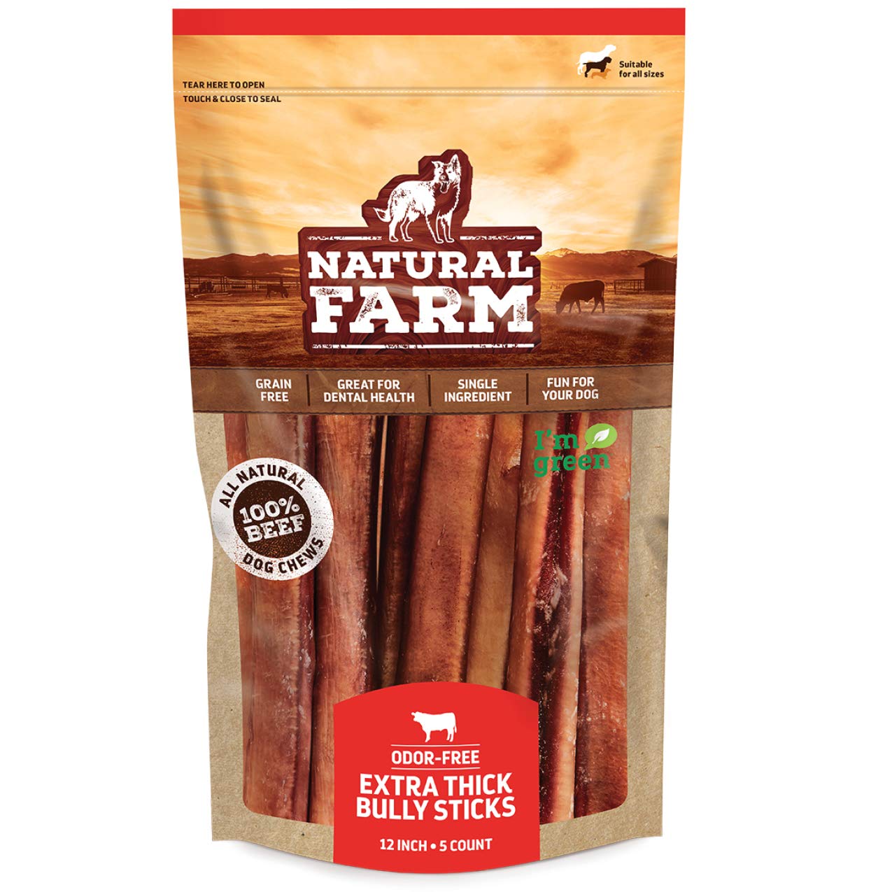 Natural Farm Odor Free Jumbo Bully Sticks (12 Inch, 5 Pack), Extra-Thick Chews for Dogs, Fully Digestible 100% Beef Treats, Supports Dental Health, Keep Your Dog Busy with 50% Longer Lasting Chews…