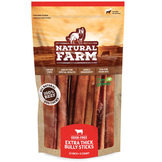 Natural Farm Odor Free Jumbo Bully Sticks (12 Inch, 5 Pack), Extra-Thick Chews for Dogs, Fully Digestible 100% Beef Treats, Supports Dental Health, Keep Your Dog Busy with 50% Longer Lasting Chews…