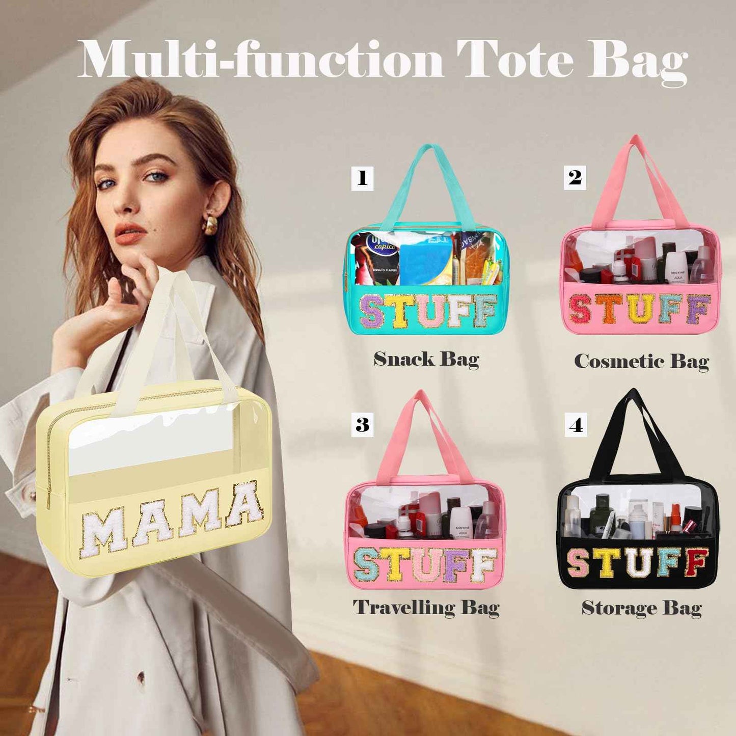 Chenille Letter Patches Clear MAMA Cosmetic Bag, Large PVC & Nylon Preppy Makeup Bag Zipper Makeup Pouch with Handle, Portable Waterproof Travel Toiletry Bag Tote Bag for Women Girls(Beige MAMA)