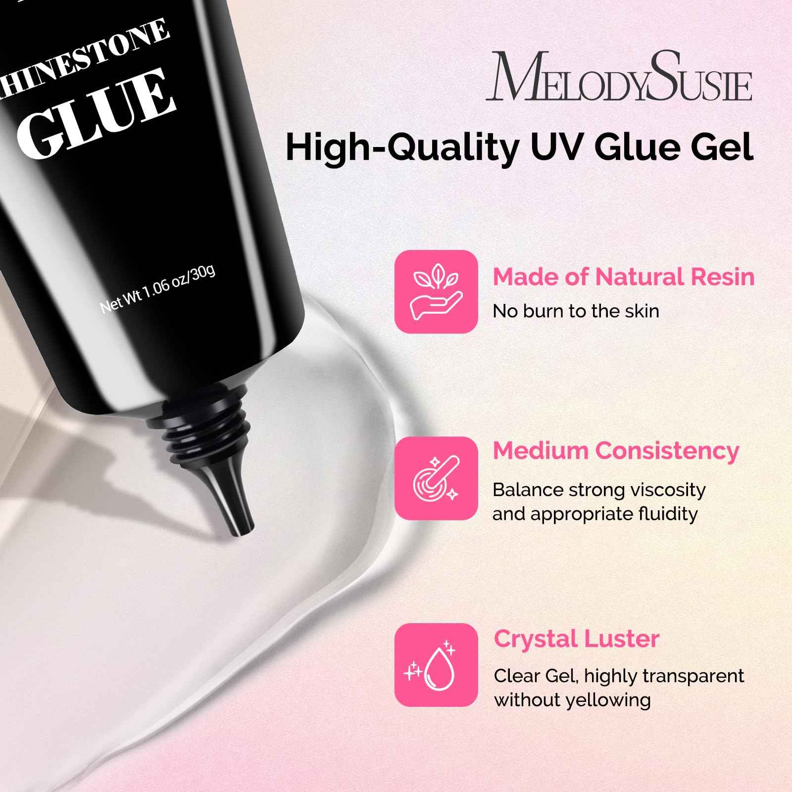 MelodySusie Rhinestone Glue Super Strong Gel Nail Glue for 3D Sculpting Nail Art Design Chrome Powder Decals Decor Need UV/LED Cured 30g