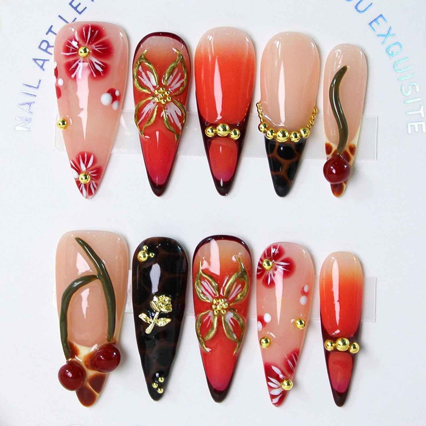 Handmade Press on Nails Medium Almond Fake Nail Unique 3D Floral & Cherry Designs Gold Rose Red Gradient Reusable Flower Stick on Nail Thicked French Tip Acrylic False Nails for Women (M)