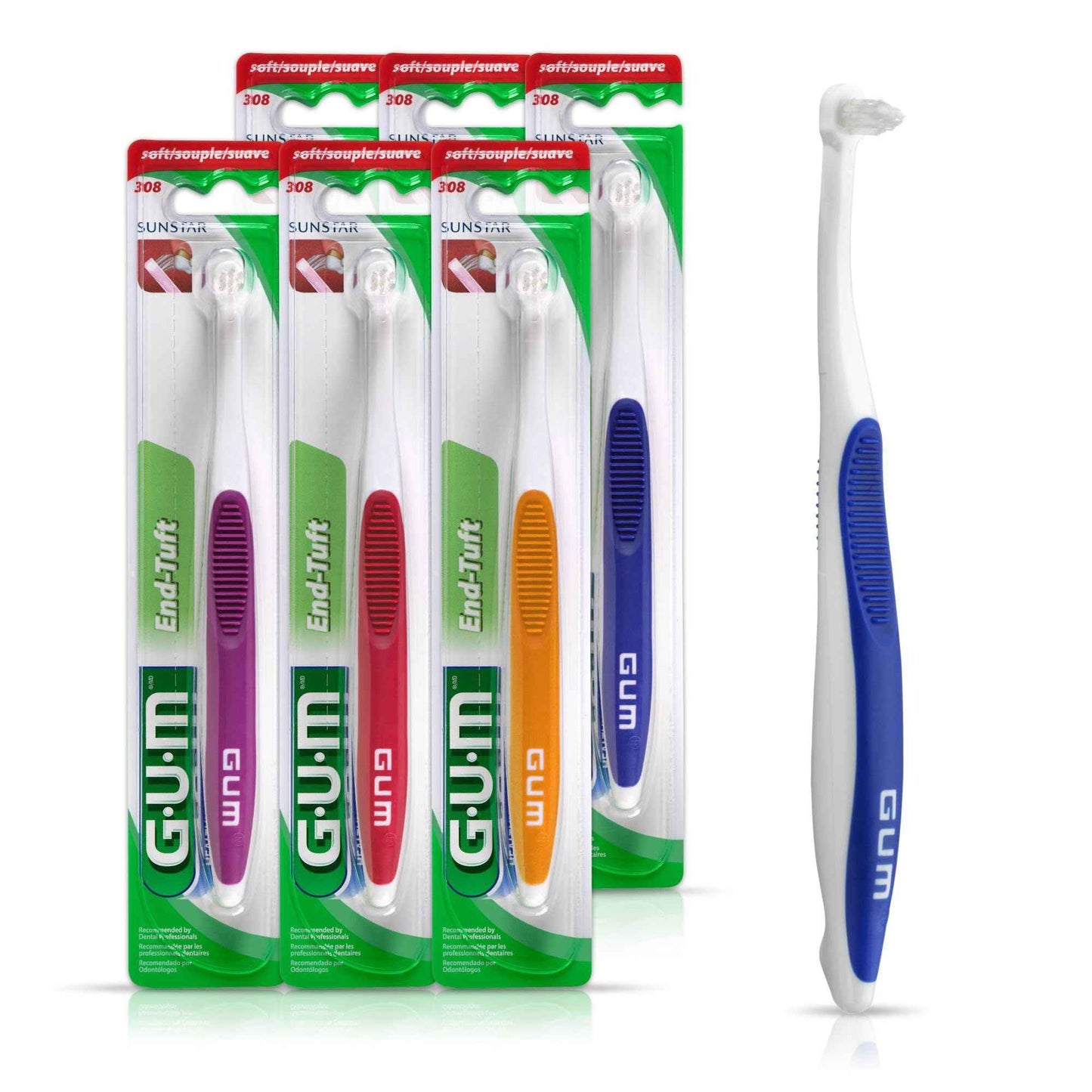 GUM End Tuft Toothbrush - Extra Small Head for Hard-to-Reach Areas - Implants, Back Teeth, and Wisdom Teeth - Soft Dental Brush for Adults, 1 Count(Pack of 6)