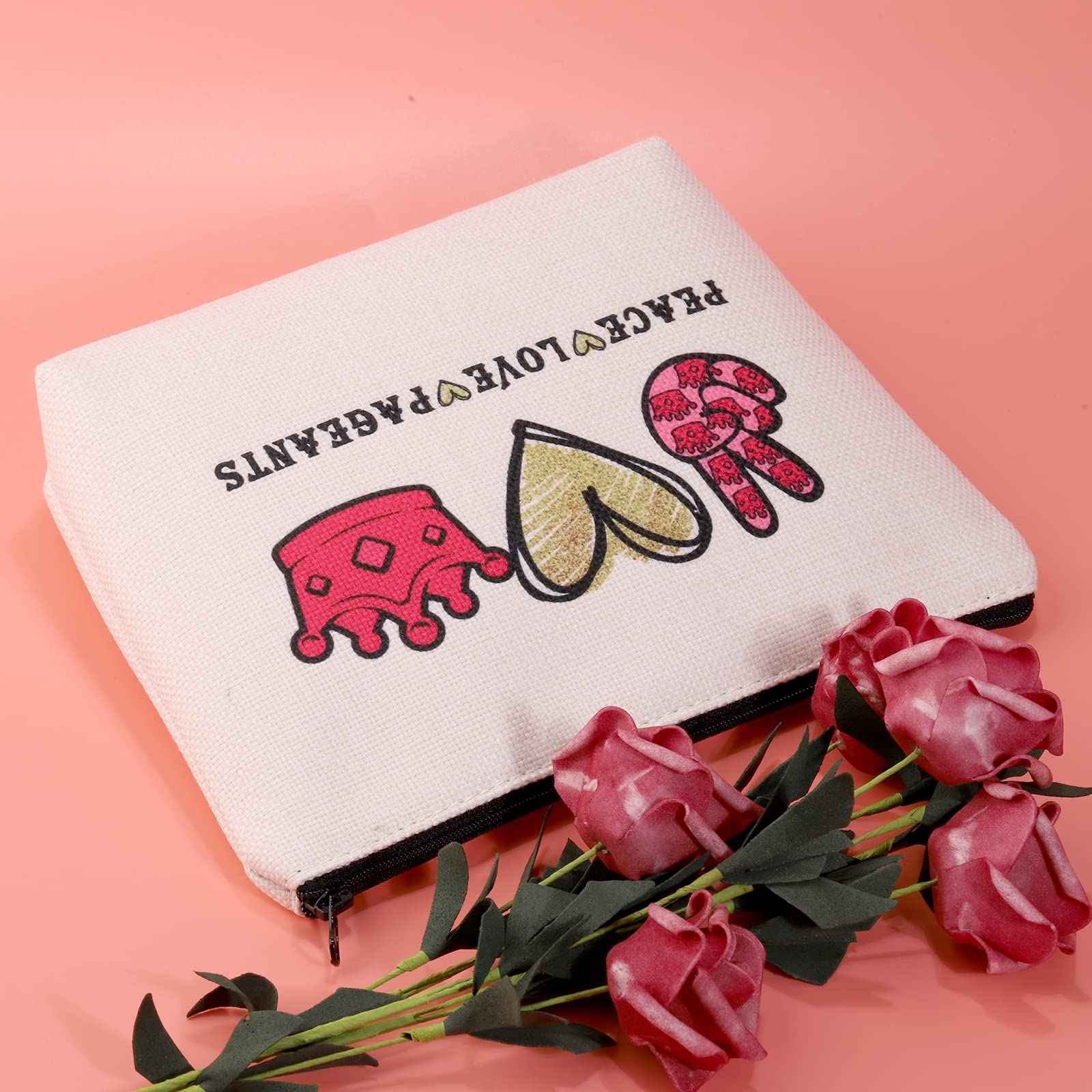 JXGZSO Pageant Queen Gift Beauty Pageant Gift Pageant Crown Cosmetic Bag Peace Love Pageant Makeup Pouch Pageant Zipper Bag