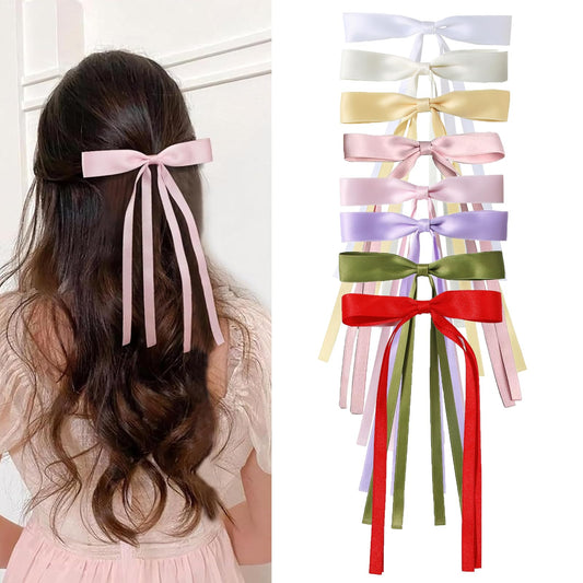 Hair Bow Clips, Silky Satin Long Tail Ribbon Hair Bows Clip Barrettes Ponytail Holder Accessories Slides Metal Bowknot Clips Barrettes for Girls Toddlers Teens (8 pcs)