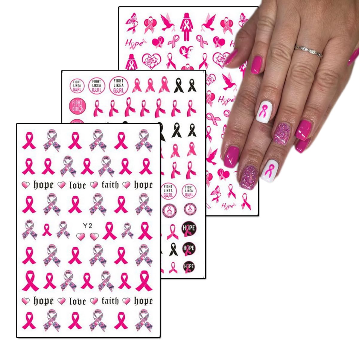 6Sheet Breast Cancer Nail Art Stickers Pink Ribbon Black Letter Nail Stickers Love Heart Design Nail DIY Breast Cancer Awareness Stickers Nail Art Design Nail Decals for Women Girls Nail Supplies.