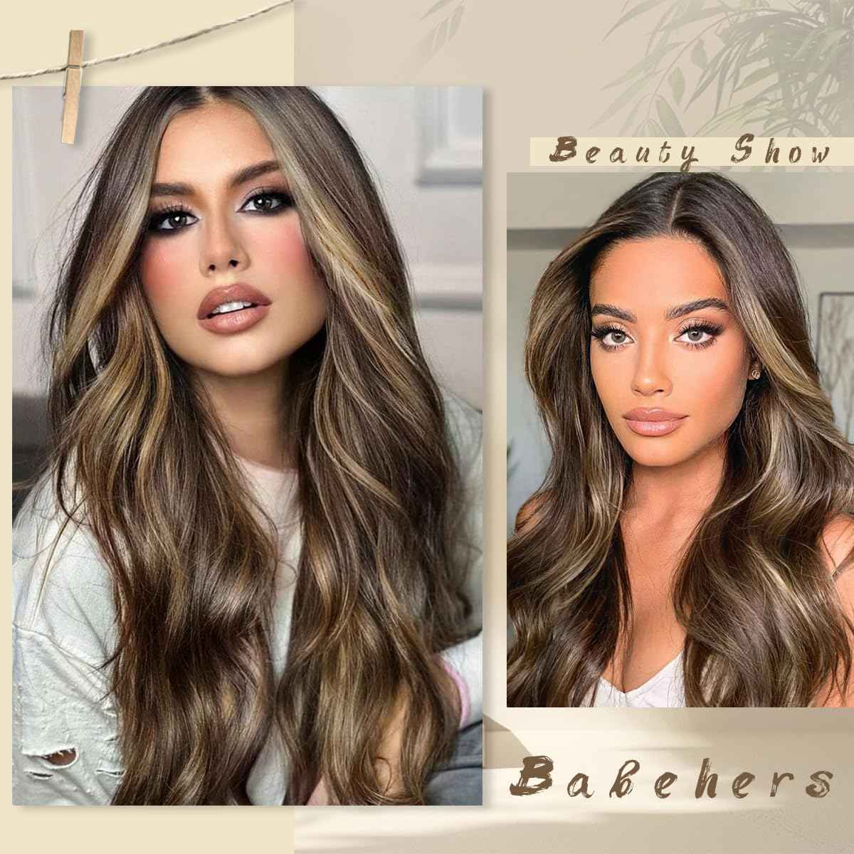 BABEHERS Brown Lace Front Wig for Women 13x4 Highlight synthetic Wig Pre-plucked Body Wave Long Wavy 150% Density Heat Resistant Hair for Daily Party Use 26 Inch