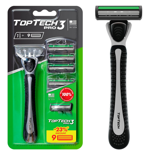 TopTech PRO 3 Razors for Men - Manual Shaving Razor & Replaceable Cartridges - 10 Count Pack (Handle + 9 Refills) - 3-Blades Technology - Soft Shave & Sharp Blades - Cost-effective Refill