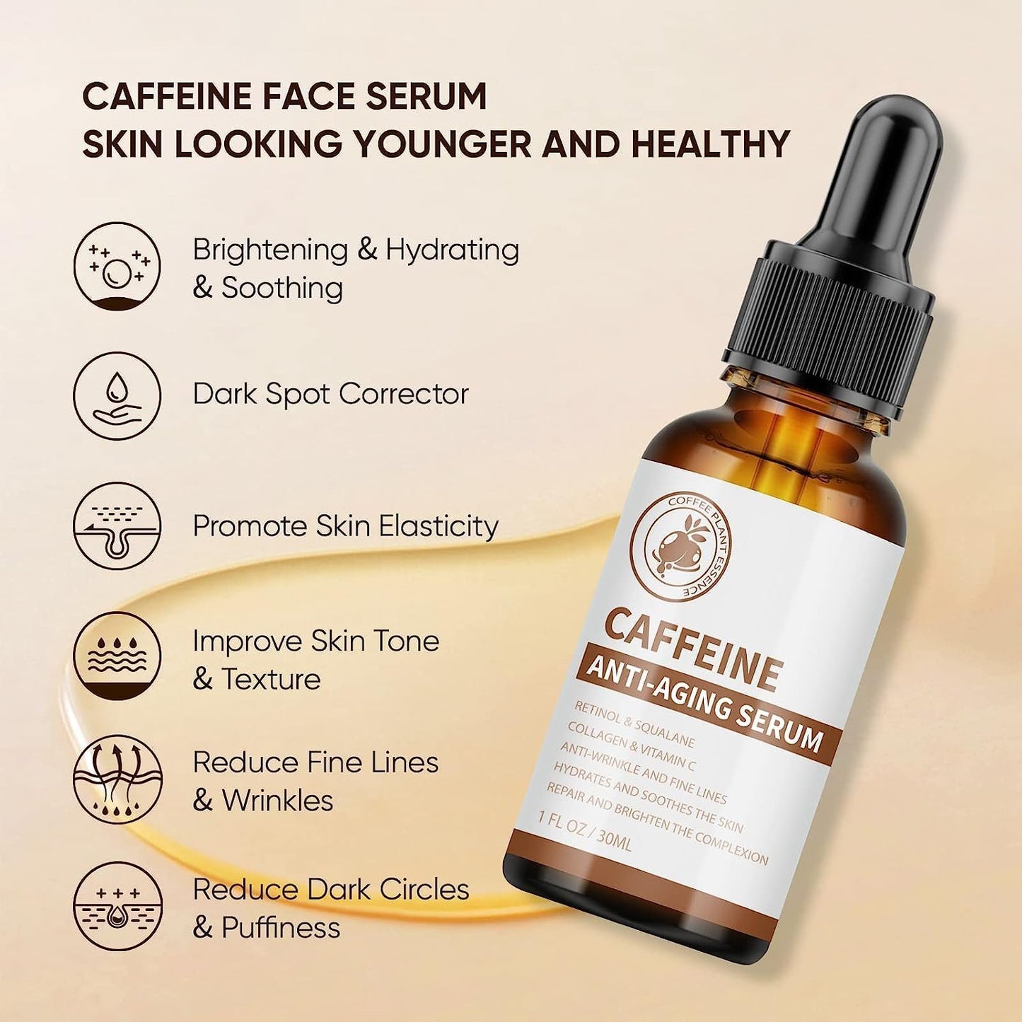 Caffeine Face Serum & Under Eye Serum, Anti-Aging Face Serum with Vitamin C, Collagen, Hyaluronic Acid, Firming & Hydrating & Brightening Face Serum Reduce Wrinkles, Fine Lines and Dark Spot - 30ml