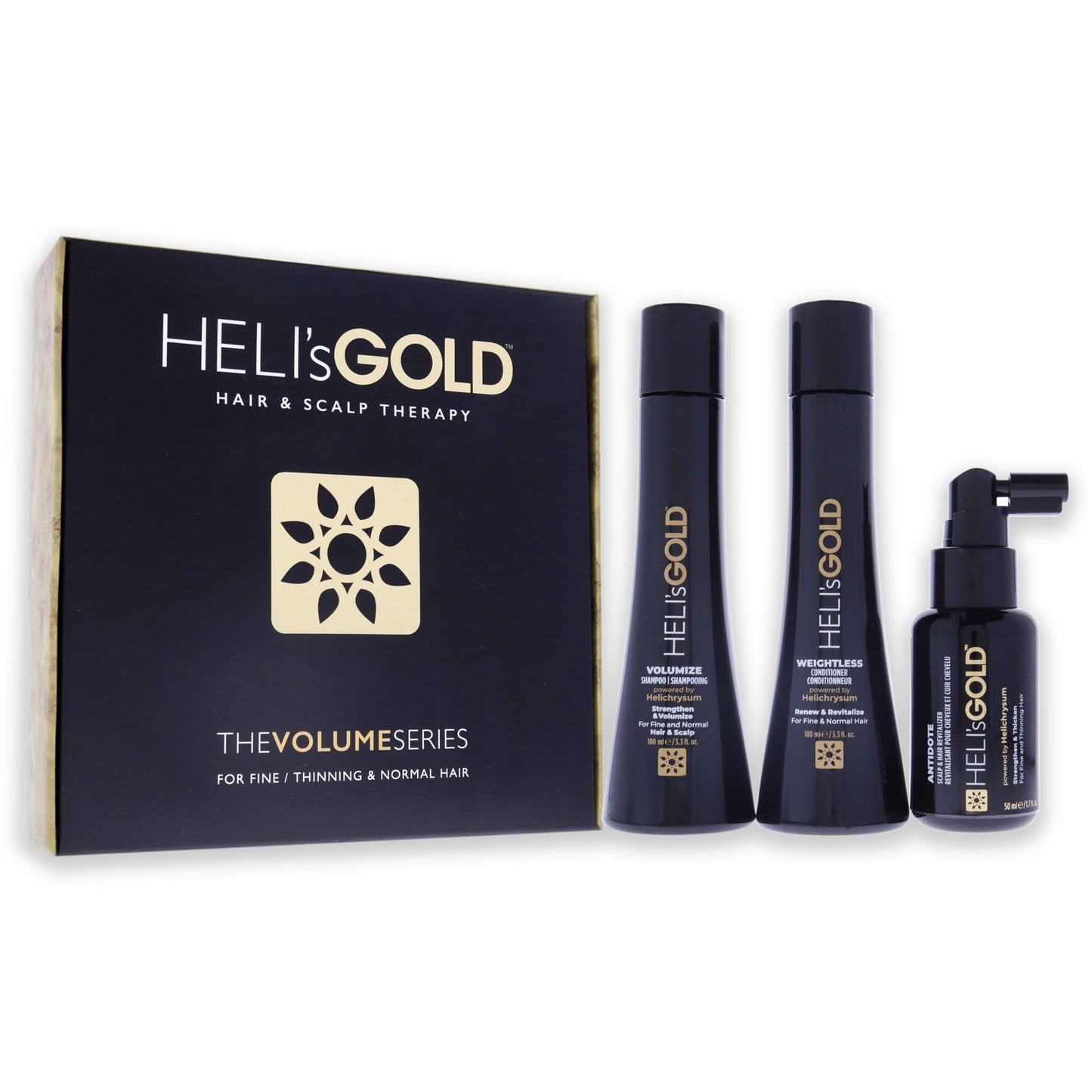 HELI's GOLD Volume Series Travel Kit - For Fine/Thin Hair - Strengthen/Repair - Volumize Shampoo - Weightless Conditioner - Scalp & Hair Revitalizer - Color Safe - 3pc