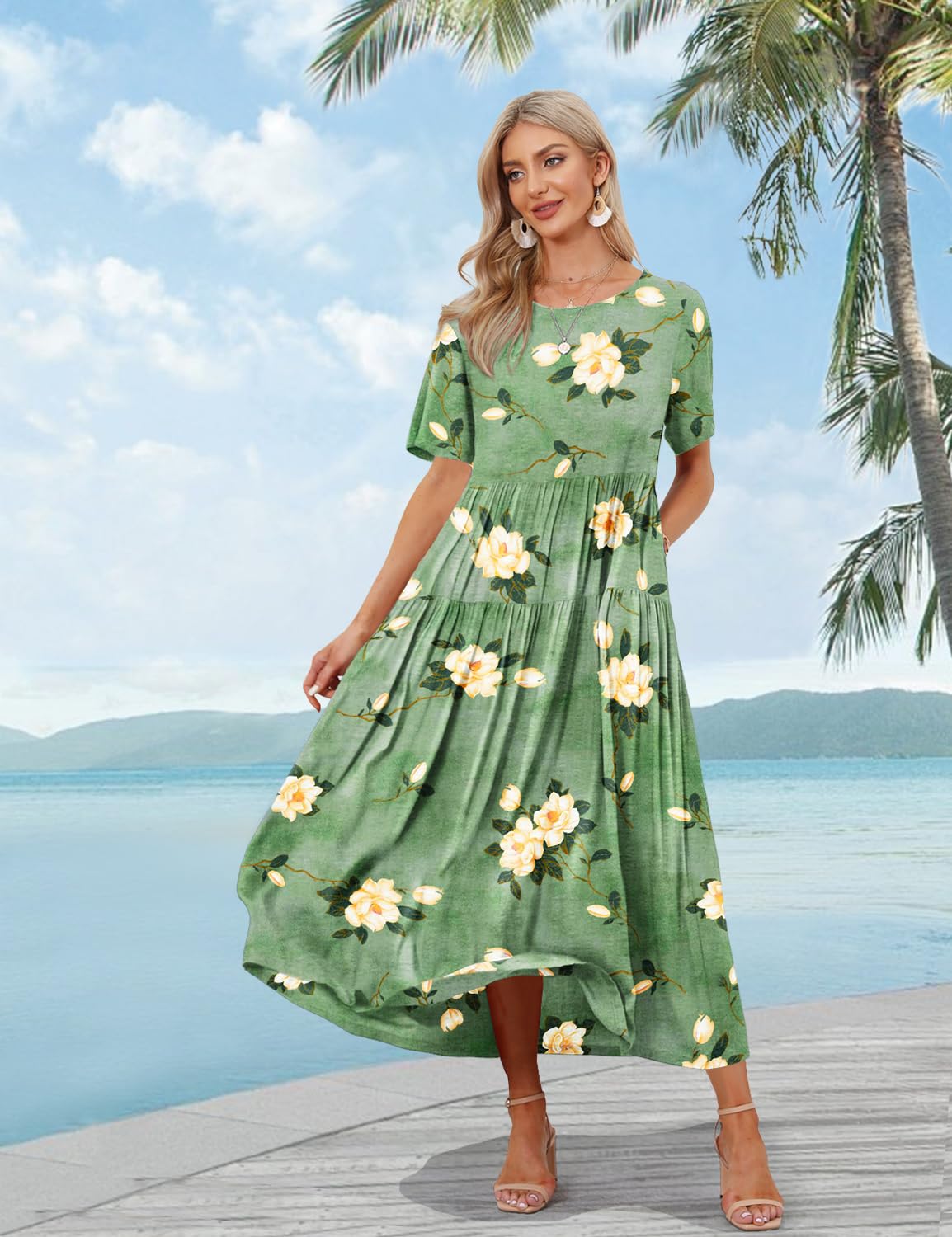 YESNO Women Casual Loose Bohemian Floral Dress with Pockets Short Sleeve Long Maxi Summer Beach Swing Dress S EJF CR19