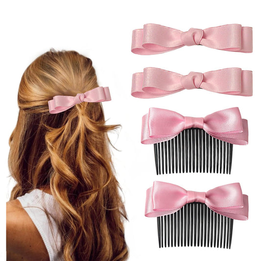 4Pcs Bow Hair Clip for Women Girls Ribbon Claw Clip Satin Bow Hair Clips Cute Barrettes for Teens Kids Hair Side Combs Bowknot Hairpins(Pink)