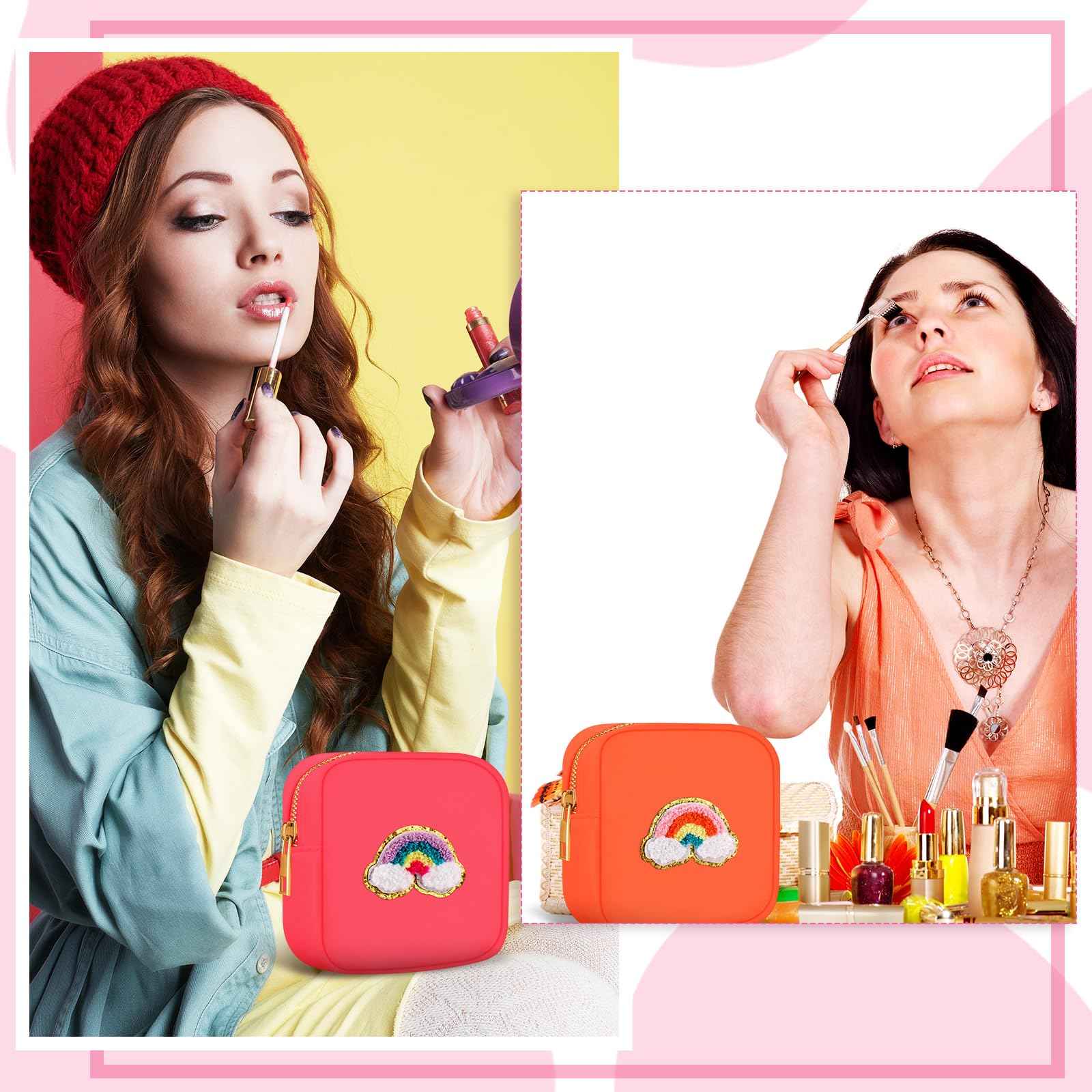 Zubebe 6 Pcs Preppy Patch Cute Makeup Bags Toiletry Bags Skincare Pouch Chenille Letter Nylon Bag for Purse Small Zipper Cosmetic Makeup Pouch Preppy Things for Travel(Fluorescent Color)