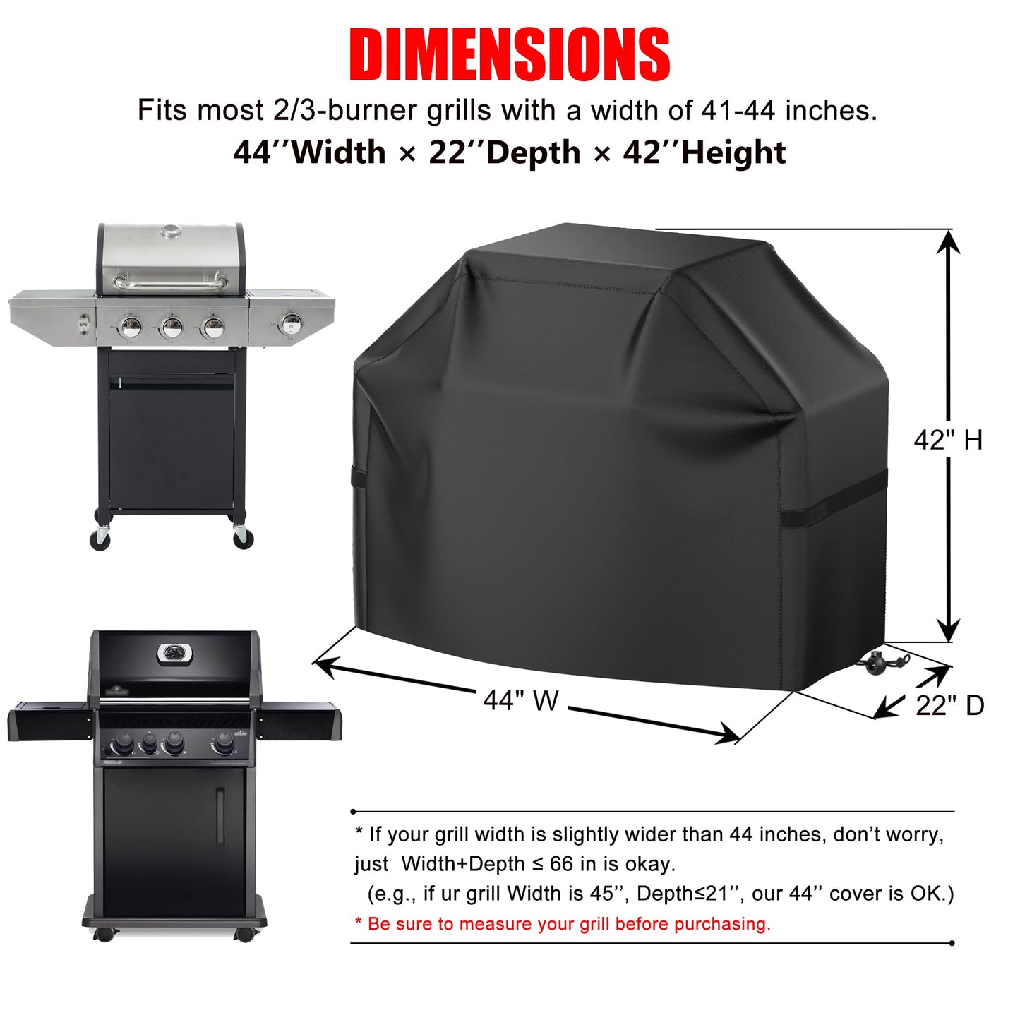 Grill Cover, 44 inch Small Gas Grill Cover for Outdoor Grill, Waterproof, Weather Resistant, UV & Fade Resistant, BBQ Grill Cover with Hook and Loop Straps, Black