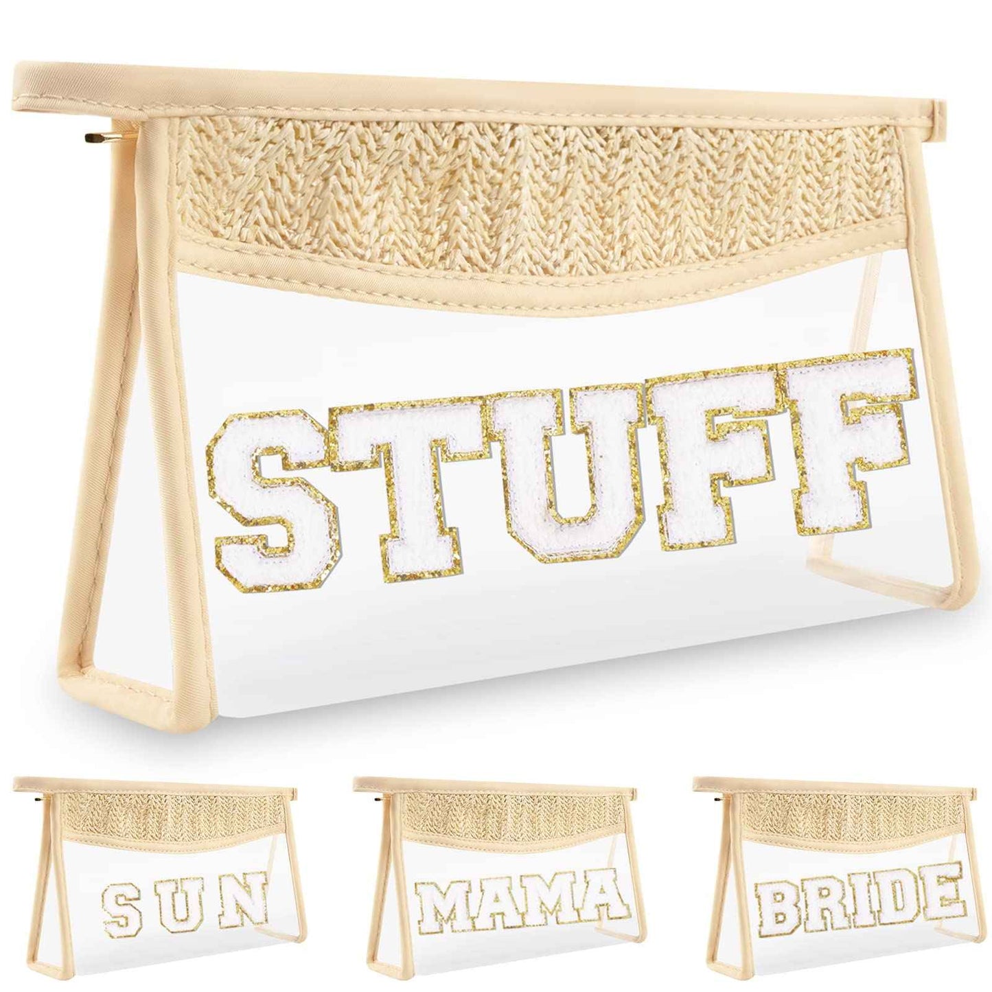Boho Clear Makeup Letter Patch Makeup Bag STUFF Pouch, Clear Toiletry Bags Travel Small Cute Stadium Chenille Letter Cosmetic Zipper Pouch Purse, Waterproof Glitter Makeup Organizer for Women(STUFF)